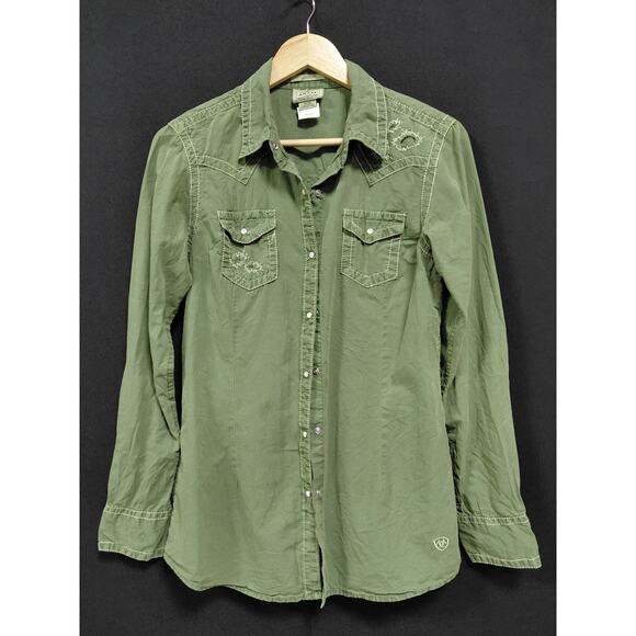 Ariat Tops - ARIAT WMS Maya Snap Cotton Shirt Green Solid Long Sleeve Women Size M